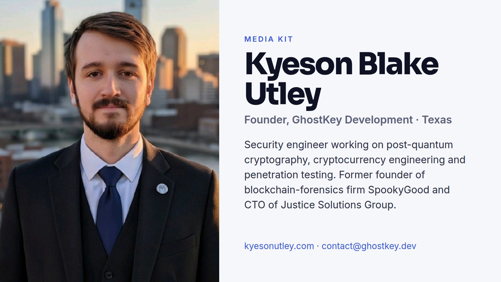 Media kit card for Kyeson Blake Utley, founder of GhostKey Development, with headshot and short bio